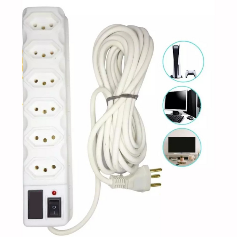 Régua de Tomadas Tripolar com Fusível – 6 Entradas para Conforto e Praticidade