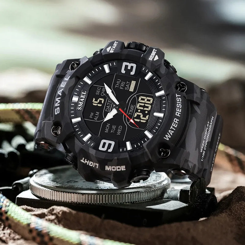 Relógio Militar Masculino Smael Camuflado com Display Duplo para Aventureiros