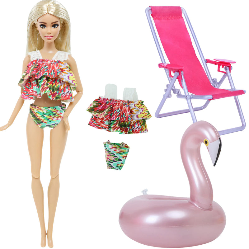 Ba Doll bie 3 Pçs/set 11.5 Polegada Acessórios de Boneca 30cm 1/6 Biquíni Maiô + Cadeira de Praia + Natação Salvagente Roupa de Verão Brinquedo