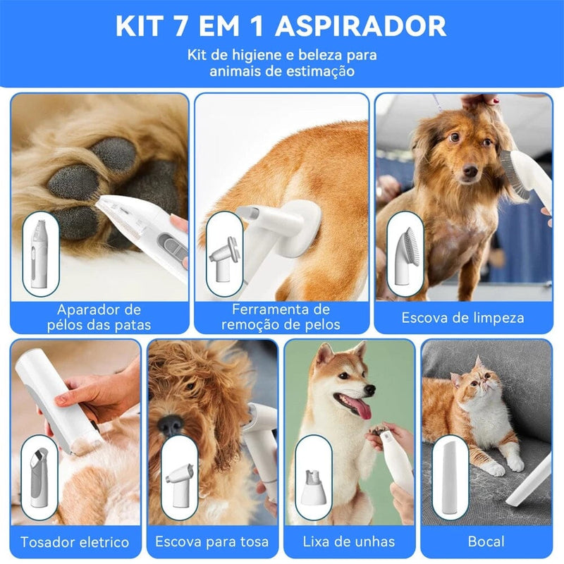 Aspirador 7 em 1 para Pets: Tosa, Escova e Eliminação Eficaz de Pelos