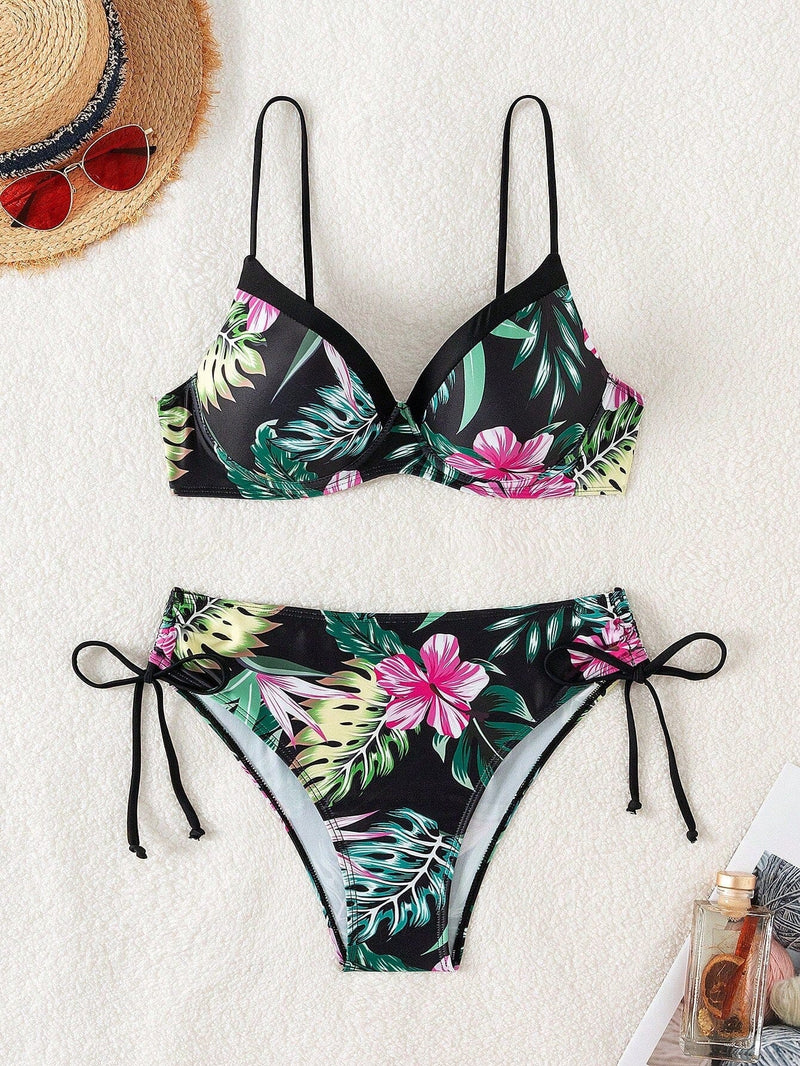 Biquíni Tropical com Bojo e Cintura Alta – Estampa Floral Verão