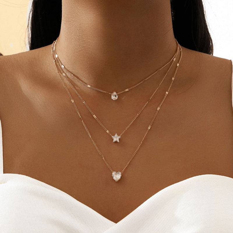 Colar Feminino de Zircão Coração Estrela em Camadas