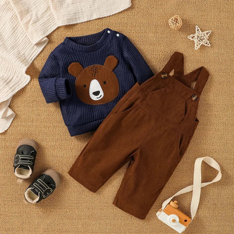 Conjunto Infantil Com Suéter de Urso e Calça Suspensório: Conforto e Estilo Para o Inverno