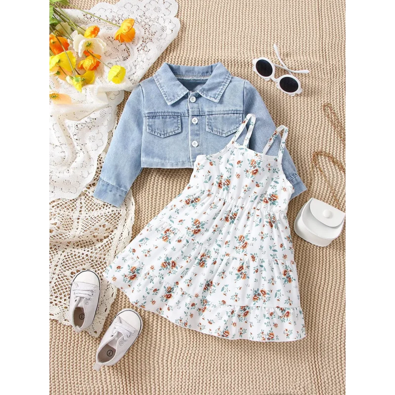 Conjunto Infantil Floral com Jaqueta Jeans para Estilo e Conforto
