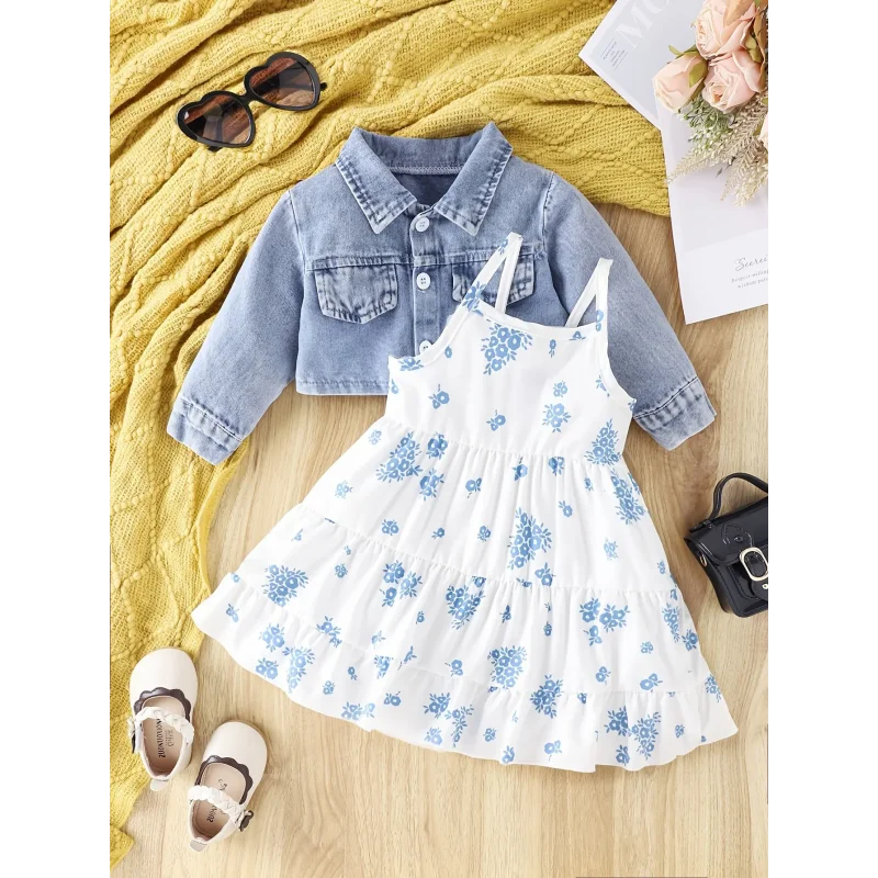 Conjunto Infantil Floral com Jaqueta Jeans para Estilo e Conforto
