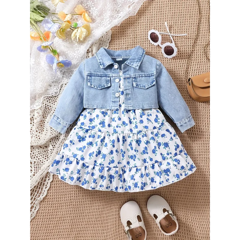 Conjunto Infantil Floral com Jaqueta Jeans para Estilo e Conforto