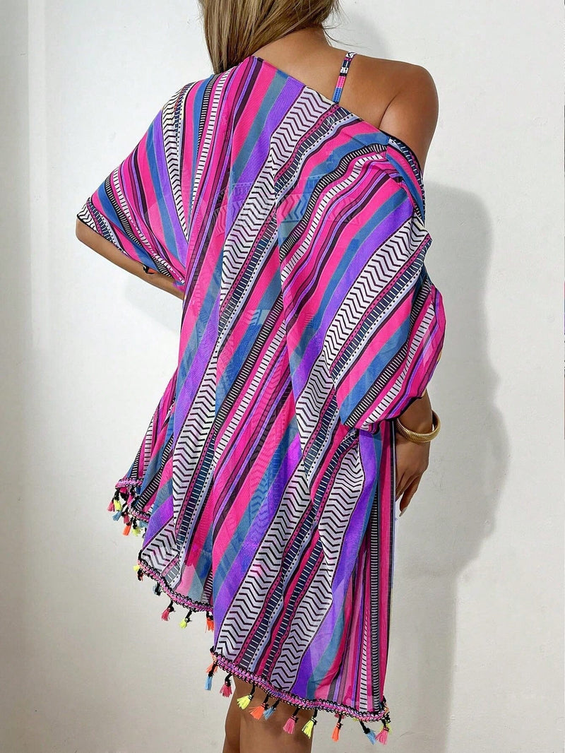 Conjunto Praia 4 Peças com Kimono – Estampa Geométrica Verão 2025