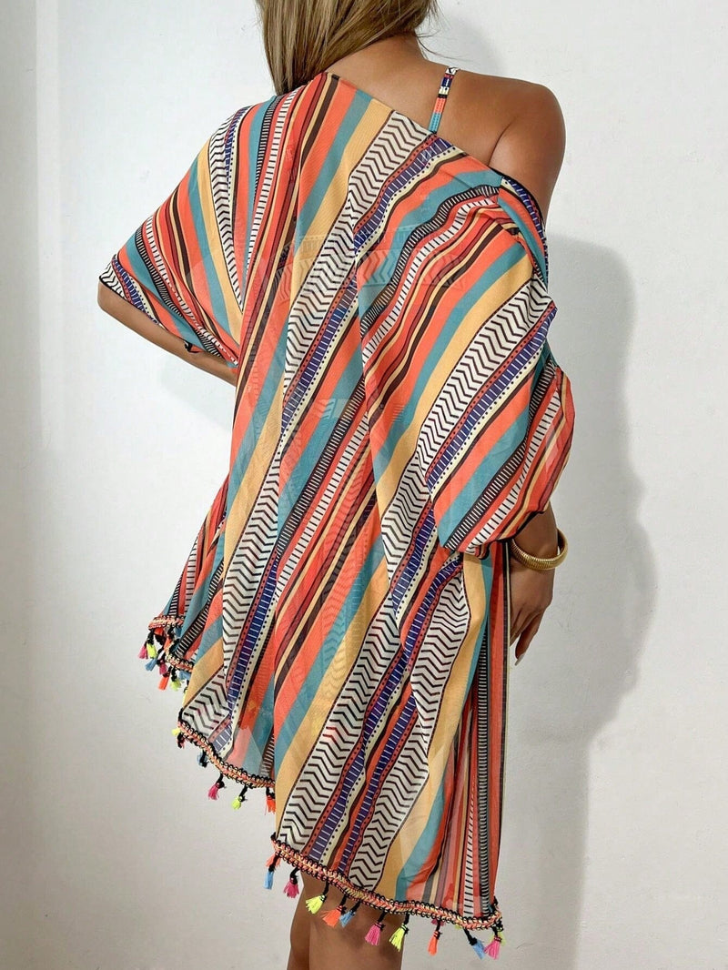 Conjunto Praia 4 Peças com Kimono – Estampa Geométrica Verão 2025