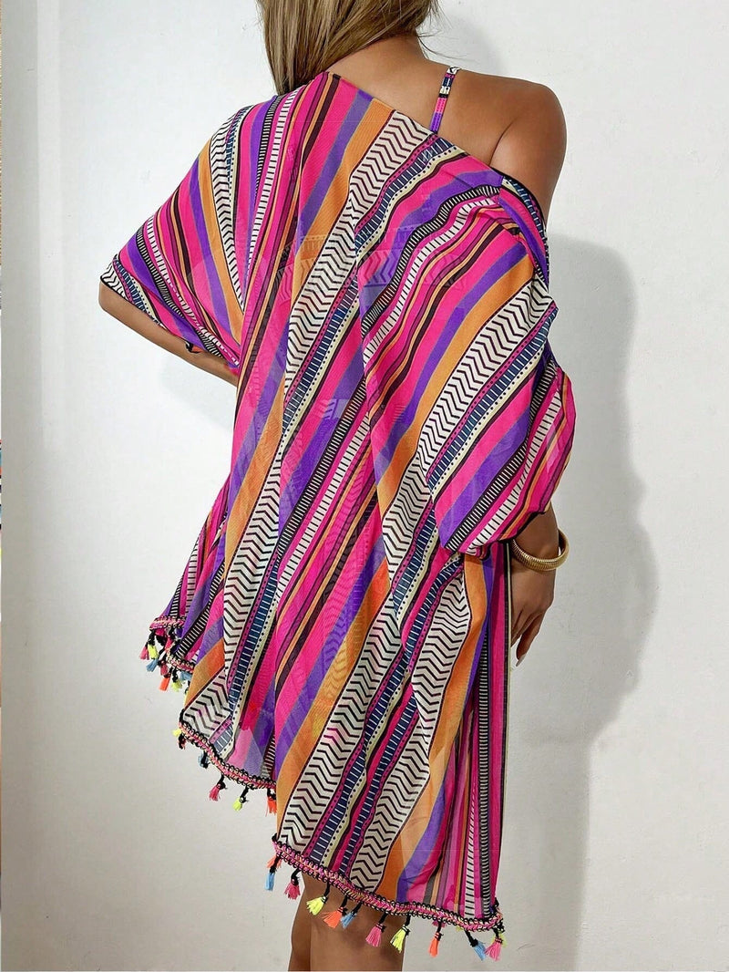 Conjunto Praia 4 Peças com Kimono – Estampa Geométrica Verão 2025