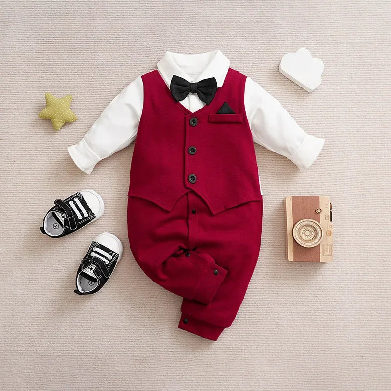 Macacão Infantil Masculino Estilo Gentleman com Laço e Gravata - Conforto e Elegância para Momentos Especiais