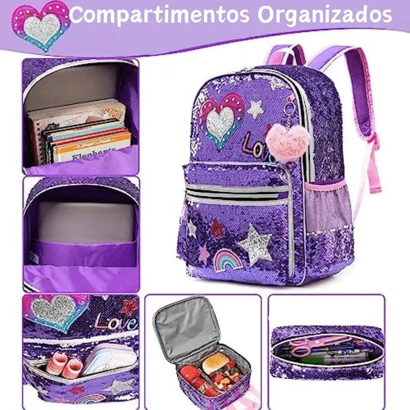 Mochila Infantil Para Meninas Com Lantejoulas - Kit Completo