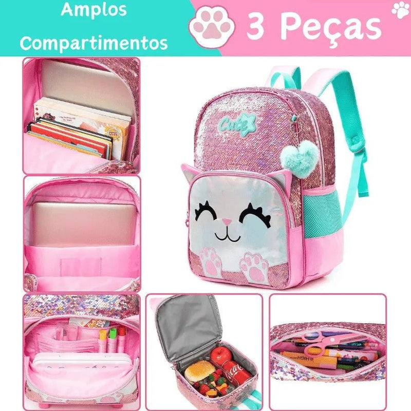 Mochila Infantil Para Meninas Com Lantejoulas - Kit Completo