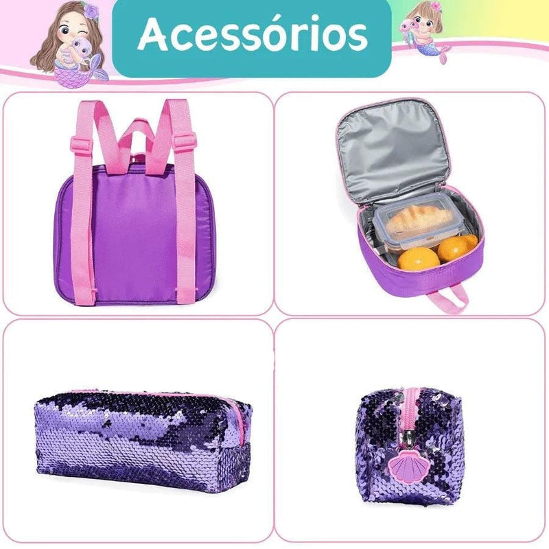 Mochila Infantil Para Meninas Com Lantejoulas - Kit Completo