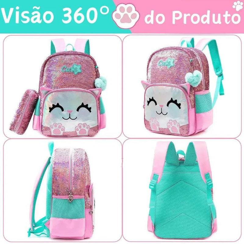 Mochila Infantil Para Meninas Com Lantejoulas - Kit Completo