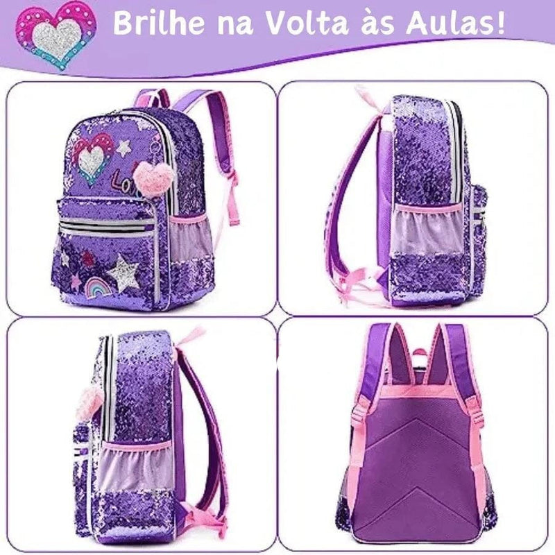 Mochila Infantil Para Meninas Com Lantejoulas - Kit Completo