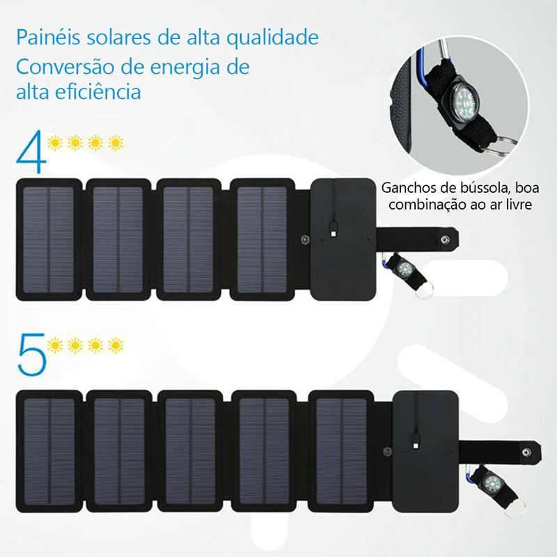 Painel Solar Carregador Portátil Dobrável para Celular e Dispositivos USB