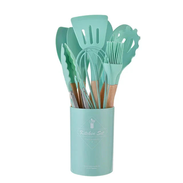 Kit Utensílios Cozinha em Silicone e Cabo De Madeira - 12 Peças