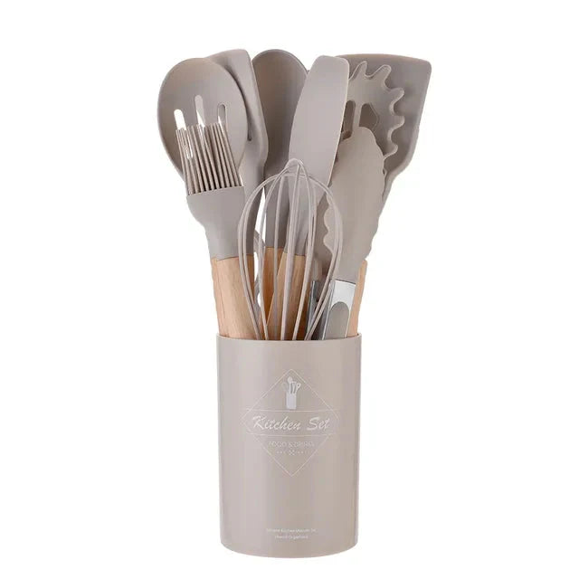 Kit Utensílios Cozinha em Silicone e Cabo De Madeira - 12 Peças