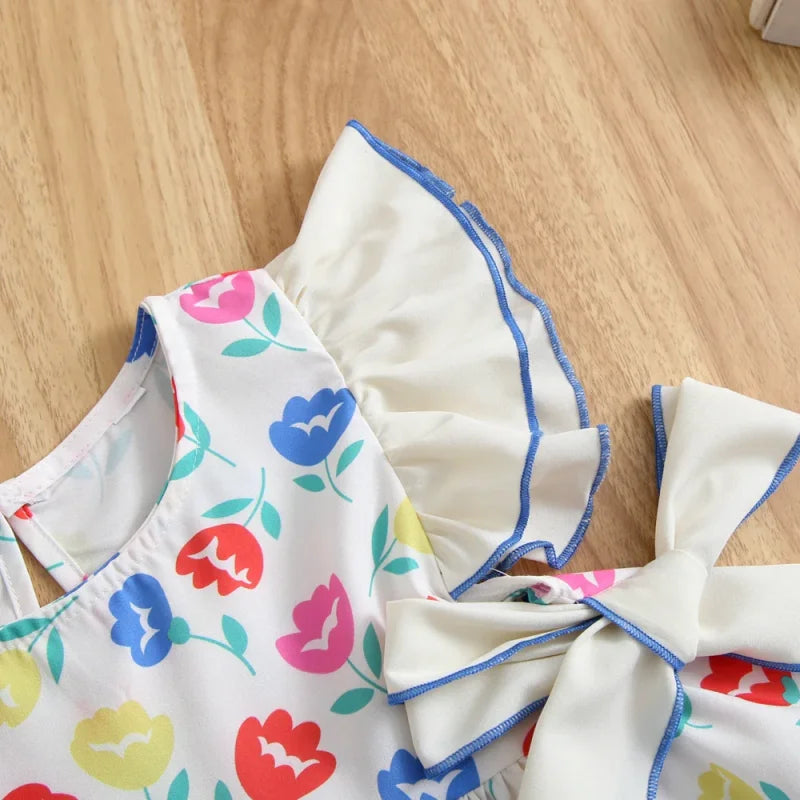 Vestido Infantil Floral Retrô com Laço e Manga Babado para Conforto e Estilo