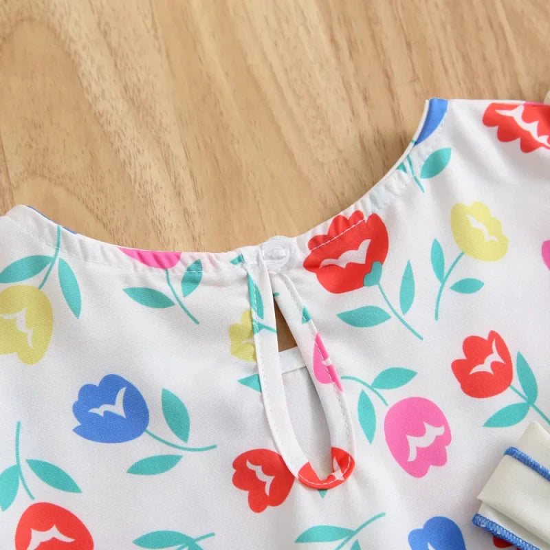 Vestido Infantil Floral Retrô com Laço e Manga Babado para Conforto e Estilo