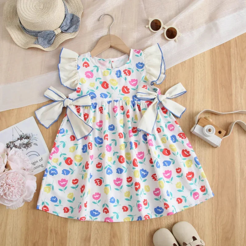Vestido Infantil Floral Retrô com Laço e Manga Babado para Conforto e Estilo