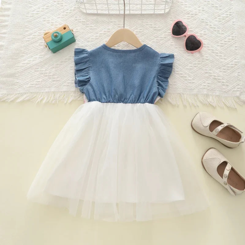 Vestido Infantil Jeans com Tule Floral e Manga Babado - Conforto e Estilo para Pequenos Momentos